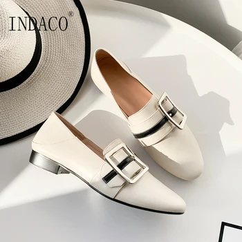 

Women Fashion Leather Flat Shoes Black Buckle Comfortable Loafers 2cm Slip On