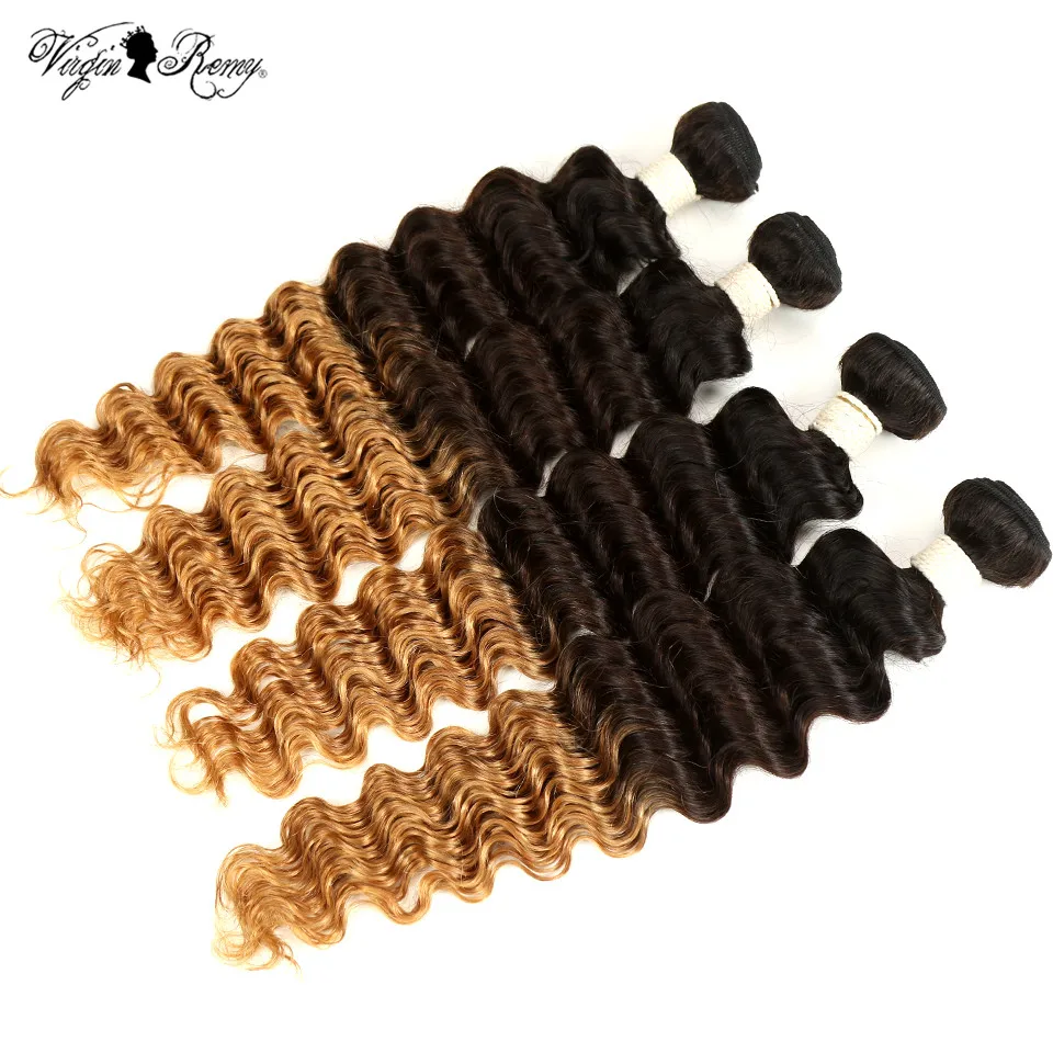 Queen Virgin Remy Deep Wave Bundles Ombre Brazilian Human Hair Weave Bundles T1B/4/27 Honey Blonde Hair Extensions 1 3 4 Bundles