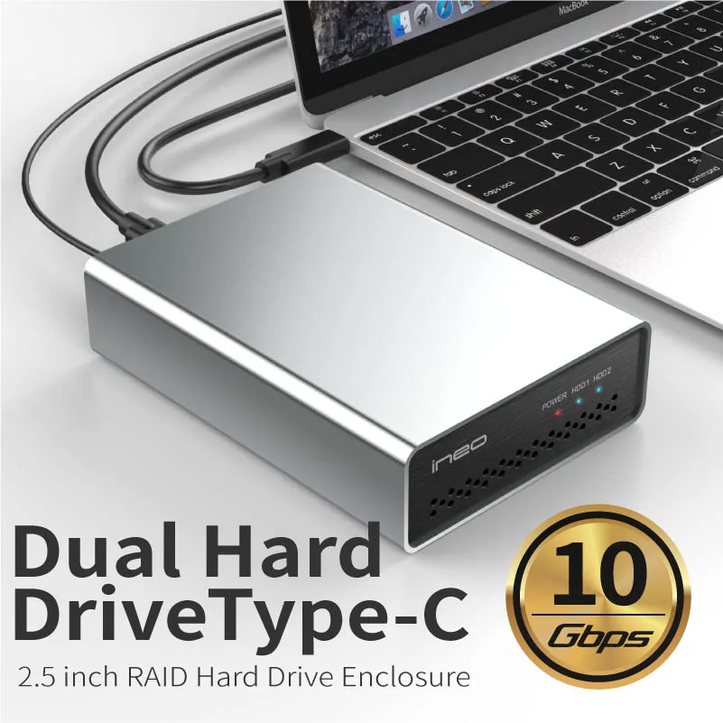 Ineo 10 Гбит/с двойной HDD Raid корпус для USB C 3 1 Gen 2 Type до 2x2 5 дюймов SATA жесткий диск