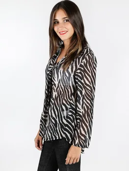 

Spring summer V-neck zebra stripe shirt lotus leaf shirt