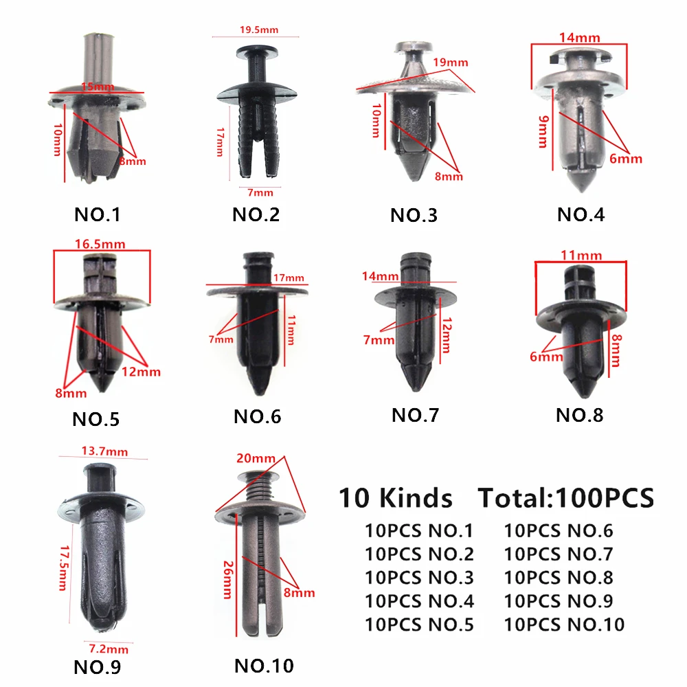 100 шт, разные универсальные 5 мм, 6 мм, 7 мм, 8 мм, 9 мм, 10 мм, автомобильные крепления из пластика, зажимы для всех автомобилей, винтовые заклепки