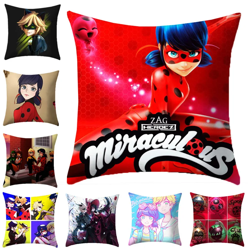 

18 inch Pop Cartoon Miraculous Ladybug Pattern Print Polyester Pillow Cover Home Decorative Pillows Cover