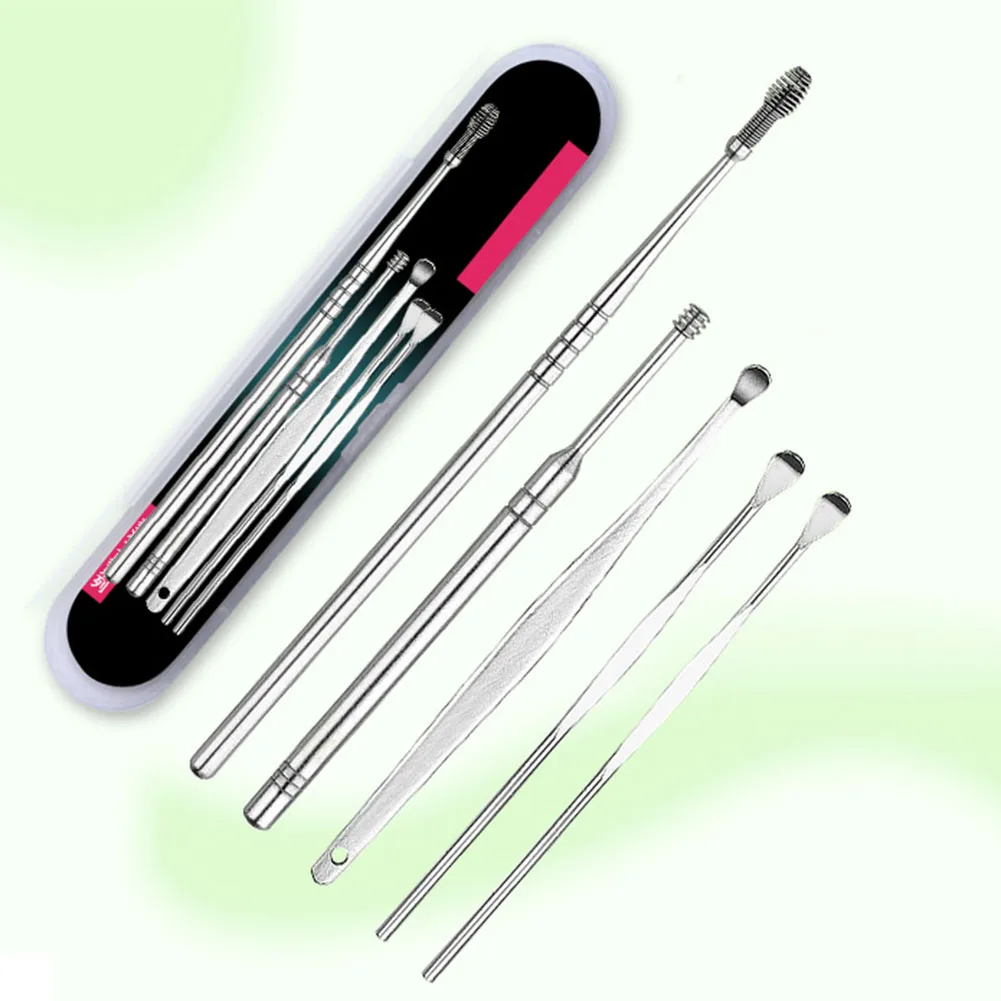 

5Pcs/set Stainless Steel Spiral Type Earpick Wax Remover Curette Remover Anti-slip Ear Pick Spoon Ear Cleaner Tool for Adult