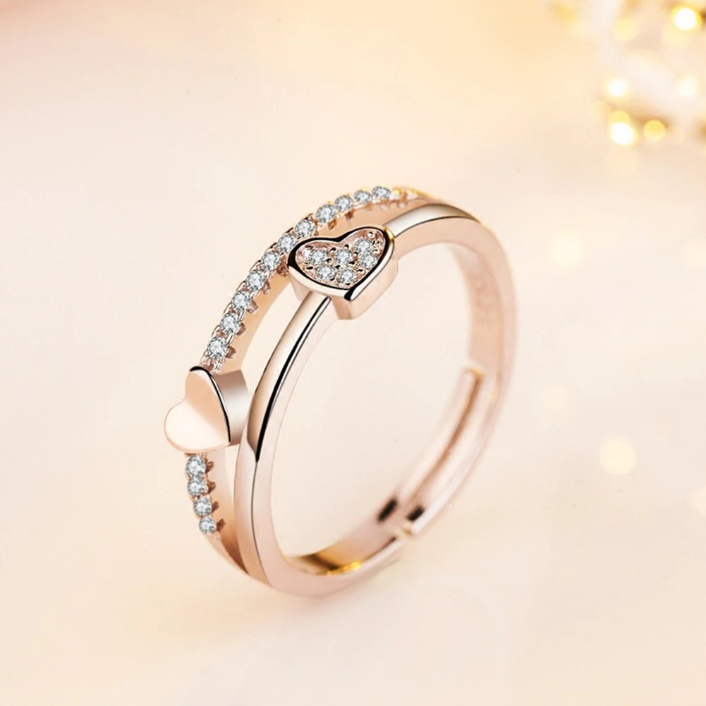

Women's Fashion Rhinestone Inlaid Double Hearts Open Ended Ring Jewelry Gift
