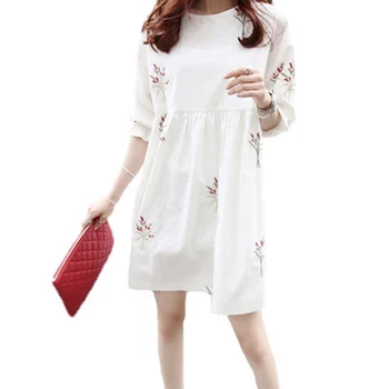 

New Maternity Pregnant Dress Version Of Cotton And Linen Embroidered Medium And Long Short Sleeved Loose Doll Skirt