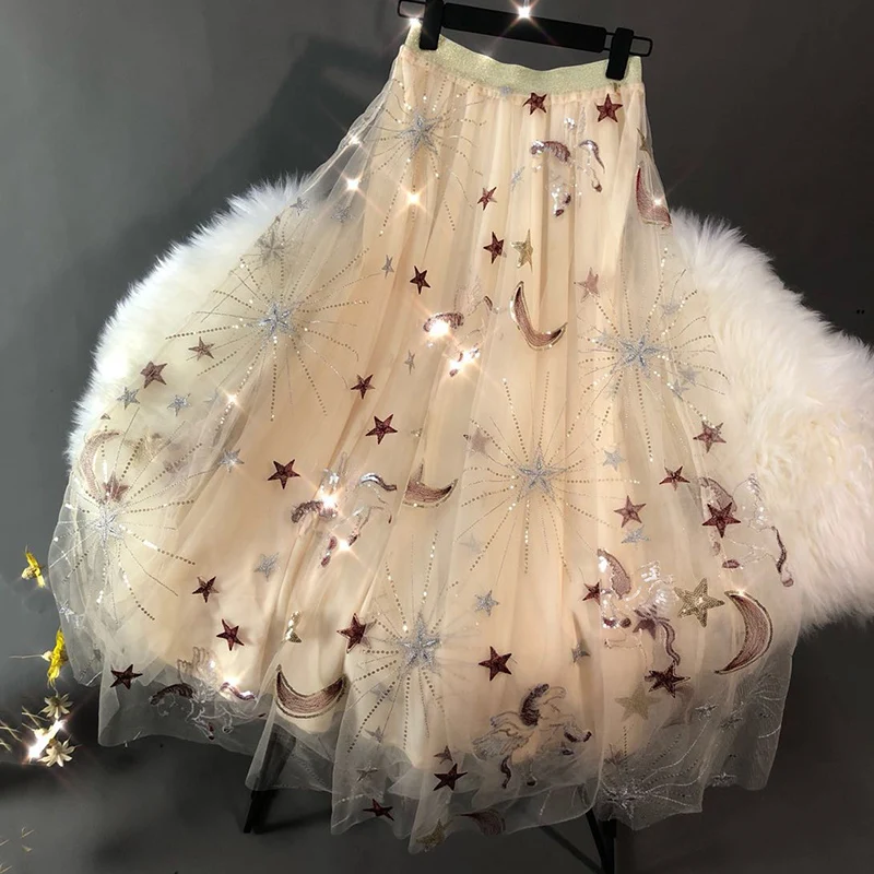 

Gorgeous Apricot Mesh Stars Moon Birds Sequins Long Skirts Blingbling Embroidery Skirts Womens faldas mujer moda 2018 80187