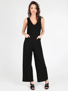 

Black V-neck jumpsuit rompers broad-legged pocket pants