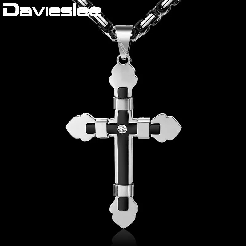 Davieslee Rhinestone Cross Pendant Necklace for Men Gold Silver Black Stainless Steel Chain Women's DKF10 Davieslee Rhinestone Cross Pendant Necklace for Men Gold Silver Black Stainless Steel Chain Women's DKF10