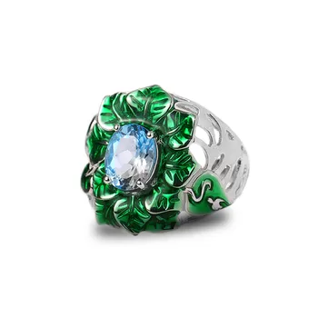 

925 Silver Rings with Green Leaves and Big Sky Blue Stones Ring for Women Party Fashion Flower Jewelry Rings