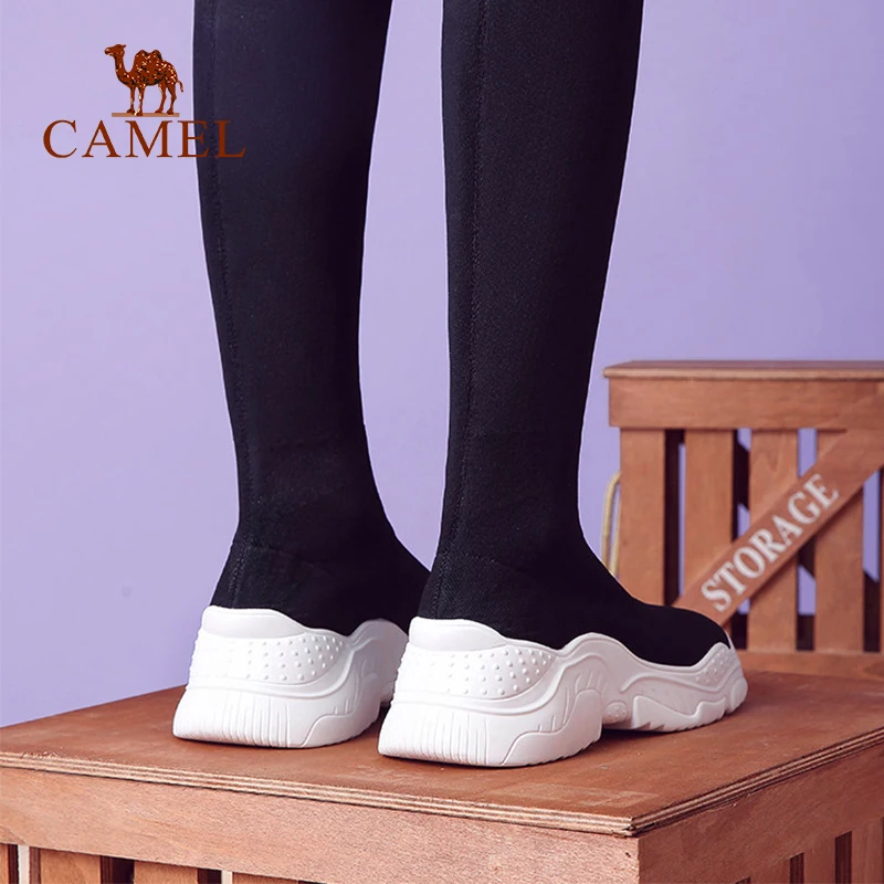 Chameau Épais Black Femmes Glissement Sur Dames Nouvelle Stretch Tissu Dessinée Longues Des De Le Occasionnels forme Genou Chaussures Mode Haute Plate Bottes Bande srCthQd