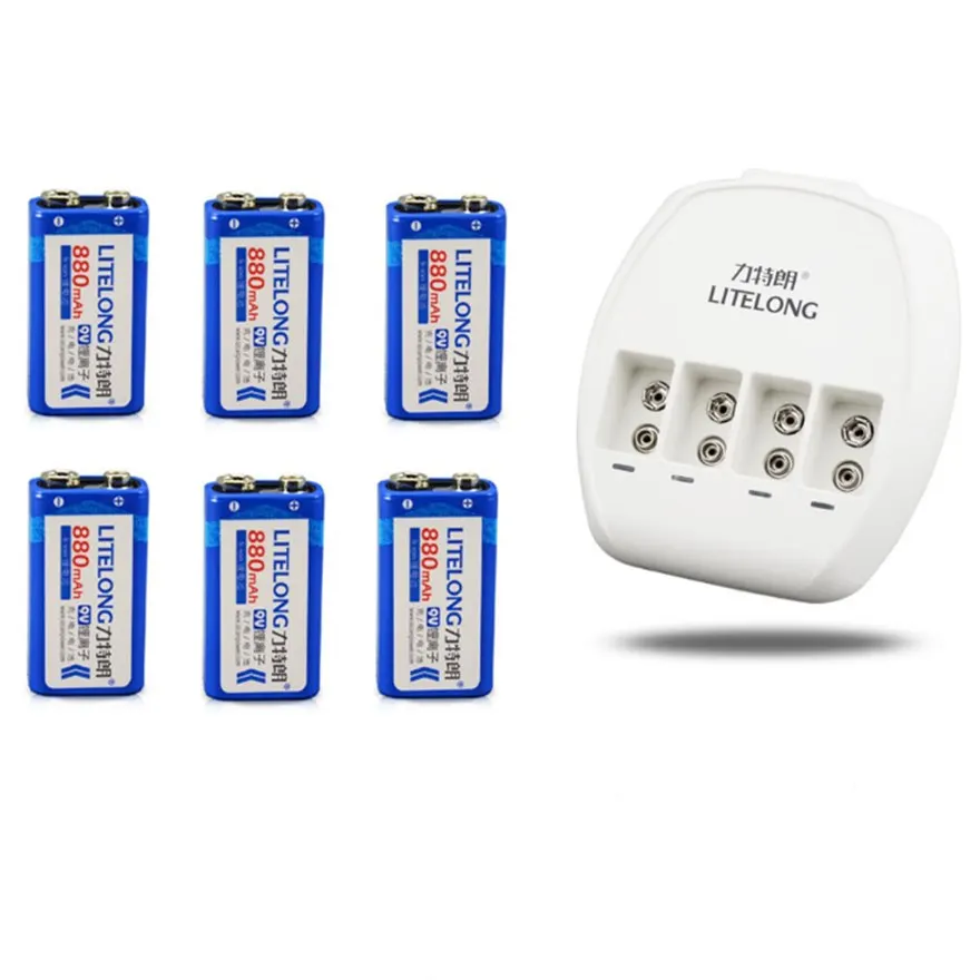 Prix New original 6 pièces 9 V 880 mAh au lithium ion batterie rechargeable + 9 V Ni MH Ni Cd batterie lithium ion chargeur universel