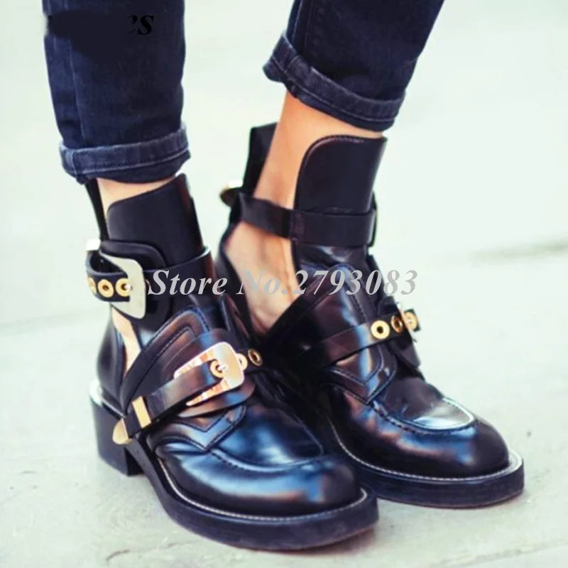 

2019 Spring/Autumn Cut Out Buckle Strap Ankle Boots Metal Decoration Martens Women Shoes Motorcycle Boots Gladiator Shoe