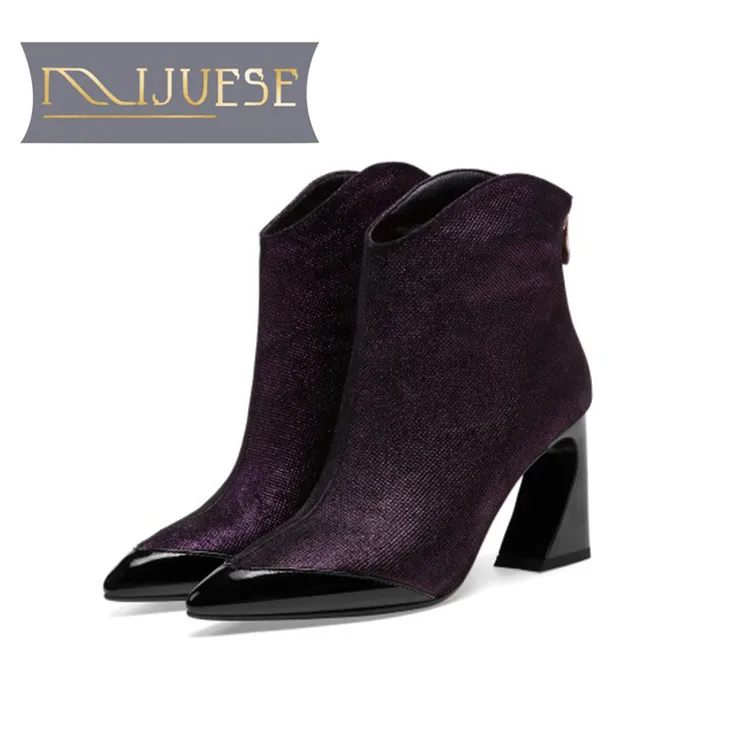 

MLJUESE 2019 women ankle boots sheepskin mixed colors Bling Bling pointed toe autumn spring high heels women martin boots
