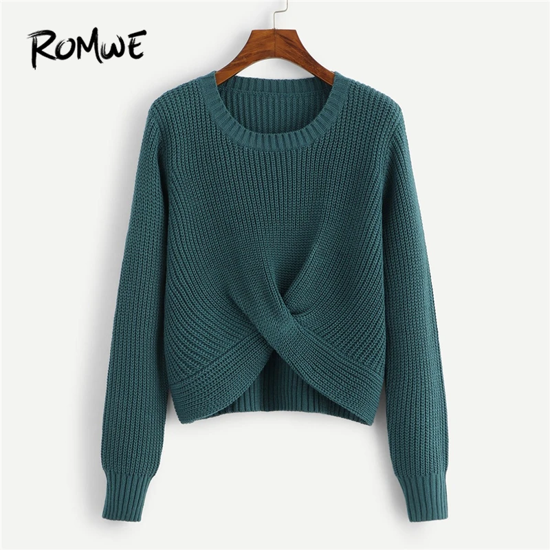 ROMWE зеленый Твист подол сплошной свитер женский повседневный Осень Зима Простой Длинный рукав одежда женский весенний пуловер свитер