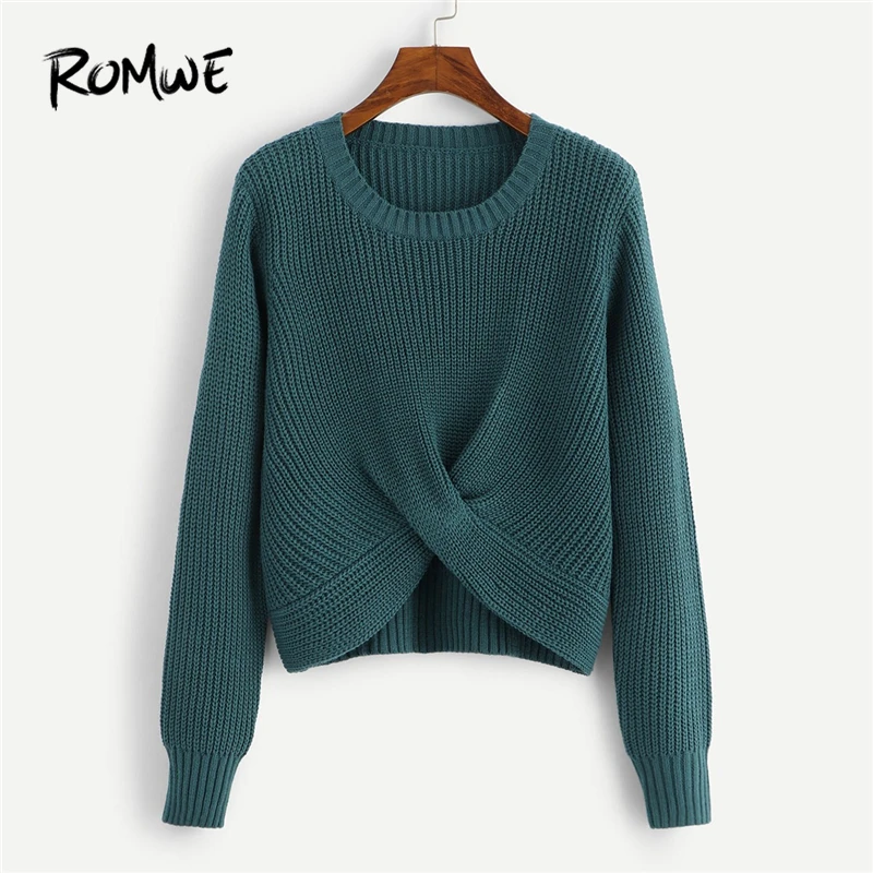 

ROMWE Green Twist Hem Solid Sweater Women Casual Autumn Winter Plain Long Sleeve Clothing Female Spring Pullovers Sweater
