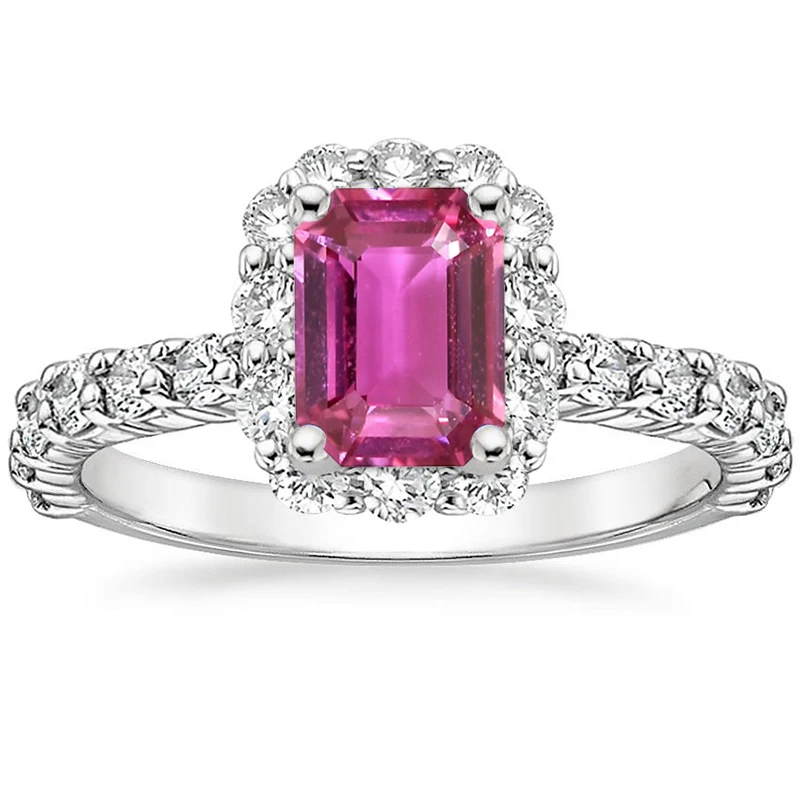 

ANI 18K White Gold (AU750) Women Wedding Ring Certified Natural Pink Sapphire Oval/Rectangle Shape Engagement Diamond Halo Ring