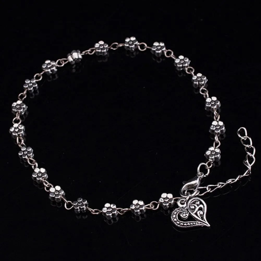 Retro Tibetan silver hollow silver plum flowers foot ornaments peach heart shaped anklet bracelet