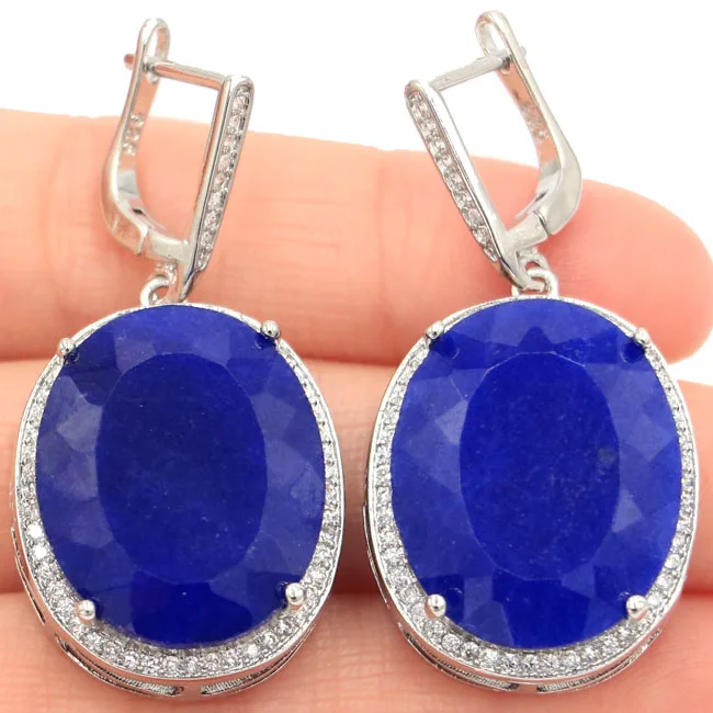 

Big Oval 22x18mm Heavy 17.5g Real Blue Sapphire White CZ Woman's Party Silver Earrings 40x20mm