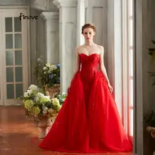 Finove New Elegant Red Prom Dress Sexy Strapless With Feathers Sequins Floor-Length Long A Line Formal Women's Dresses