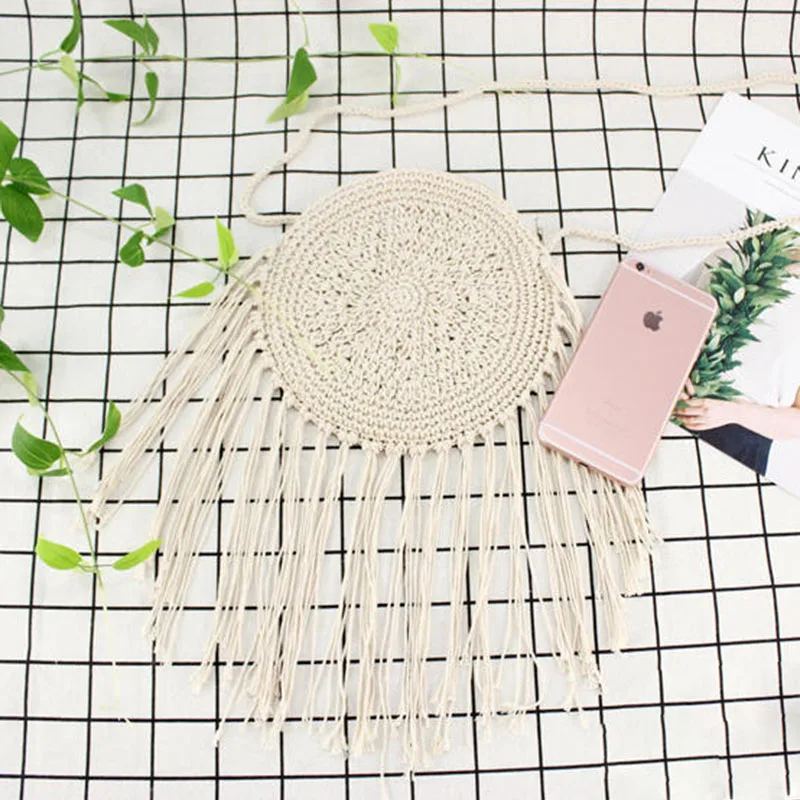 Women Circle Straw Bags Summer Beach Tassel Female INS Popular Shoulder Bag Lady Casual Handmade Weave Round Crossbody SS3108 (11)