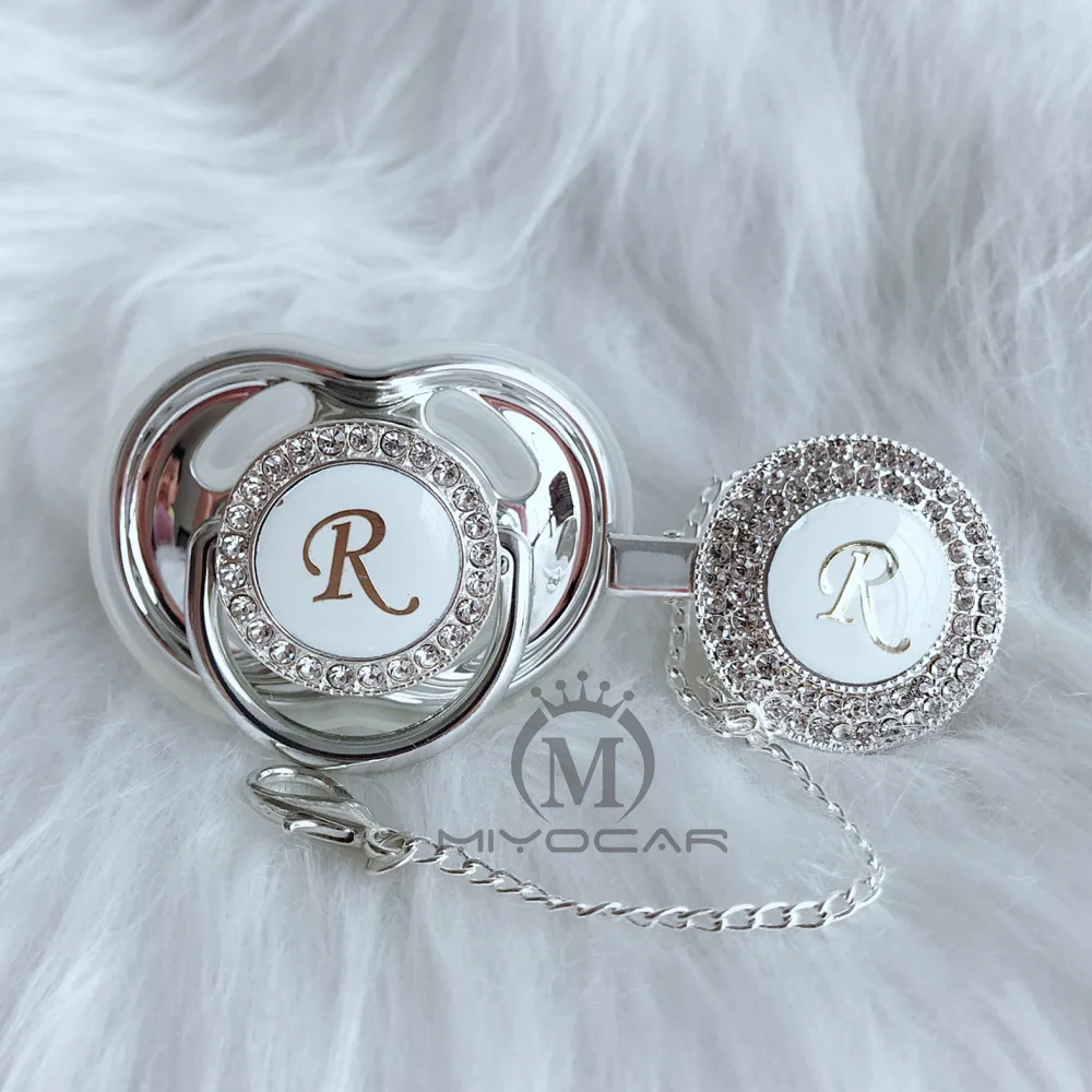 MIYOCAR name Initial letter R elegant silver bling pacifier and pacifier clip BPA free dummy bling unique design SGS pass LR