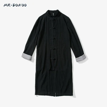 

MRDONOO Yong men's Tang Chinese tunic suit large Han clothing antique Chinese style linen long sleeve middle-long windbreaker