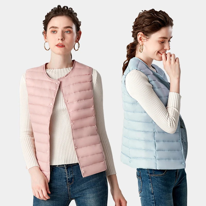 

O-Neck Ultralight Down Vests Women Autumn Winter Buttons Duck Down Waistcoat Woman Packable Sleeveless Jackets Outerwear VT-215