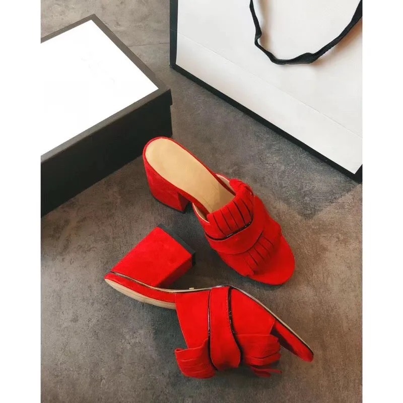

famous brand luxury high quality Fashionable Women sandals Lady fringe slides casual slippers summer Women high heel Slipper