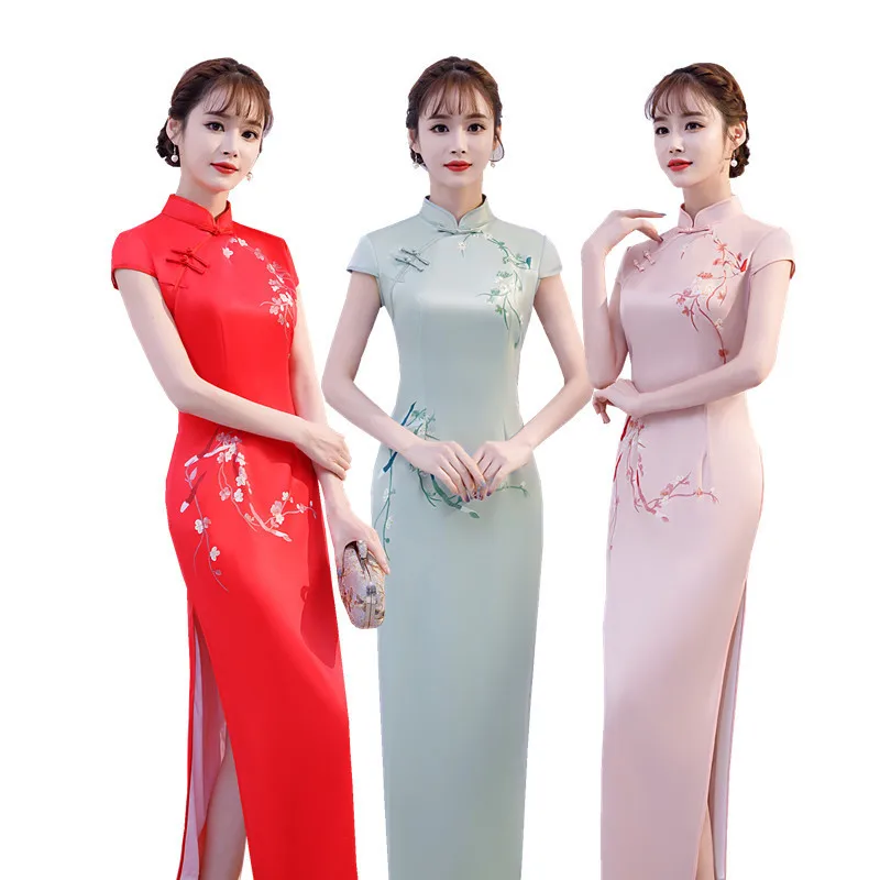 

Summer Silk Vintage Cheongsam Dress Long Qipao Embroidery Women Traditional Chinese Evening Dresses Vestido Oriental Plus Size