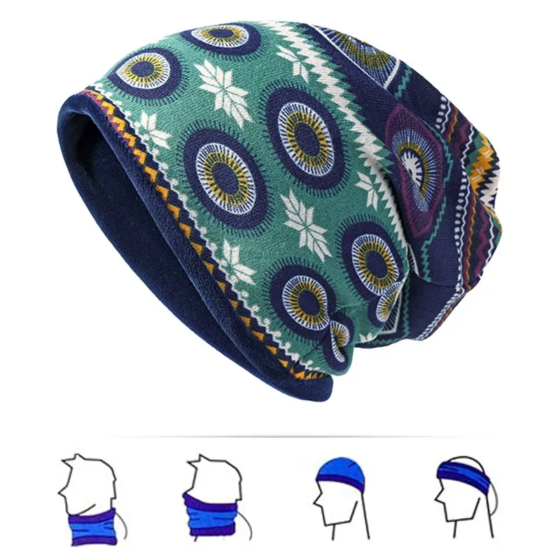 

Women Men Ponytail Beanie Baggy Hat Multi Function Collar Cap, Hip Hop Printed Fall Winter Velvet Warm Neck Caps/Scarf/Hairband
