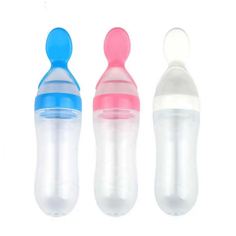 New Baby Toddler Squeeze Feeder Silicone Spoon Bottle Feeding Dispensing Spoons BPA Free Baby Utensils Rice Cereal Feeding Spoon