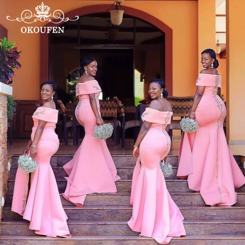 Online Vestidos de dama de honor sirena de satén rosa con lentejuelas de plata 2020 largo de hombro vestido de invitados de boda Sukienki Na kesele Damskie