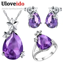 Uloveido Для женщин груша Форма камни Серебряные ювелирные изделия Комплект кольцо для серьг и ожерелья комплект Фиолетовый Синий Красный Кристалл Модные украшения T210