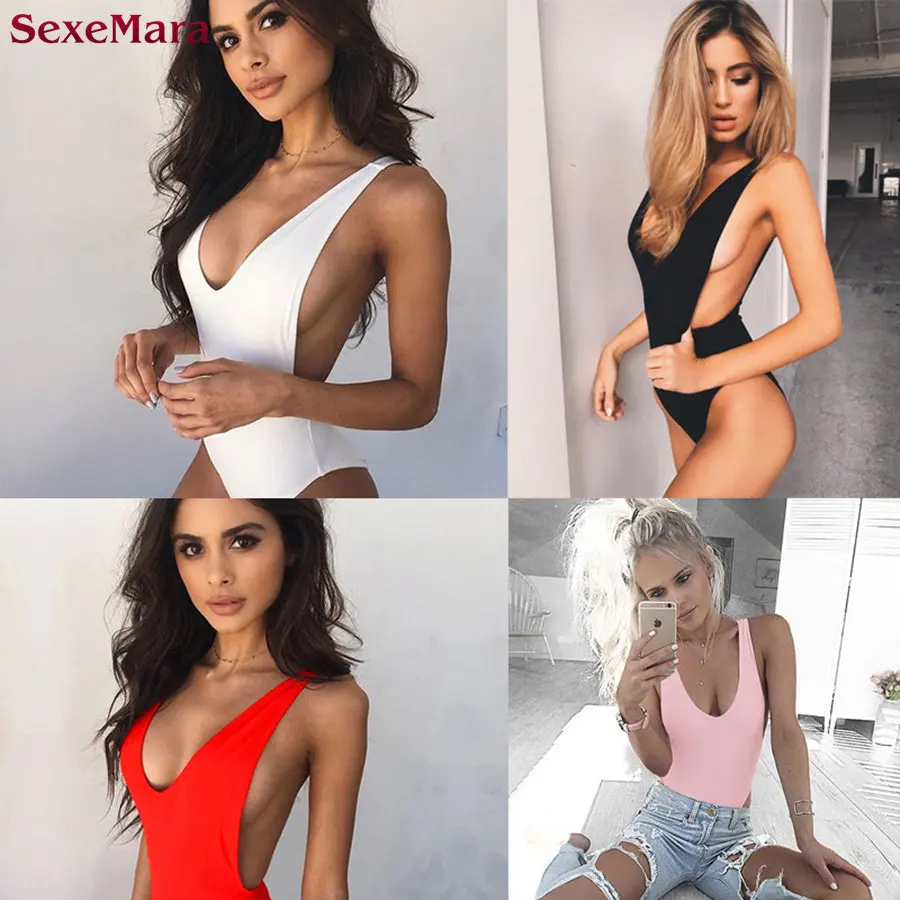 

SexeMara One Piece Deep V Swimsuit Women Thong Solid Swimwear Brazilian Bikinis Bodysuit For Women Bathing Suit Female Monokini