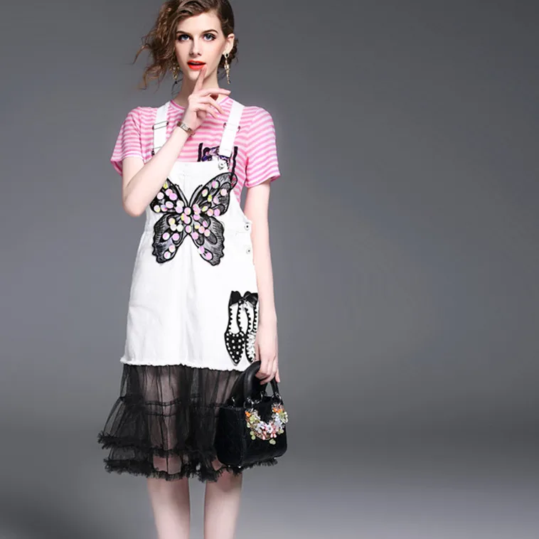 White Denim Summer Women Overalls Butterfly Embroidery Heels Beading