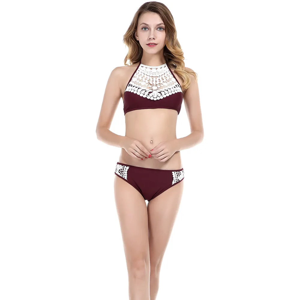 

The new beach split swimsuit ladies Red wine color swimwear beach lace bikini Europe and the United States tube top swimsuit