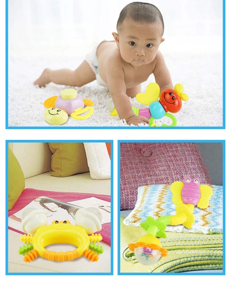 Cute Animals Baby Chewy Teething Toys Bell Ring Teether Toddlers Organic Infants Training Sensory Toothbrushes  (1)