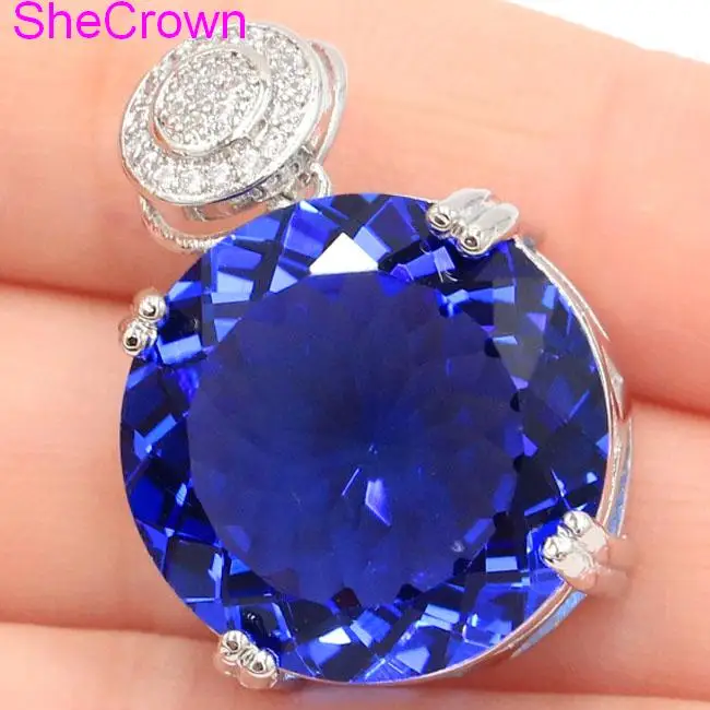 

Big Roung Gemstone 20x20mm Rich Blue Violet Tanzanite CZ Silver Pendant 30x20mm
