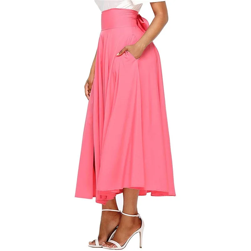HOT sell Fashion 2018 Summer style skirts womens High Waist Pleated Long Skirt Front Slit Belted Maxi Skirt Femme Saia A16#N (10)