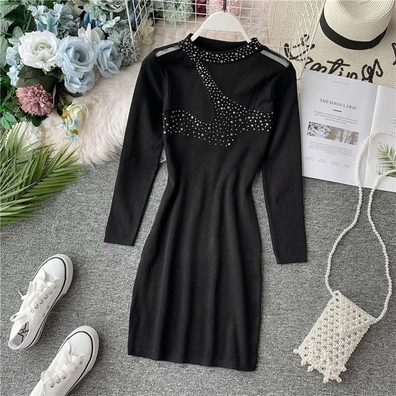 

NiceMix Sexy Hollow Out Long Women Sweater Perspective Long Sleeve Autumn Winter Basic Black Korrean Pullovers Knitted Top
