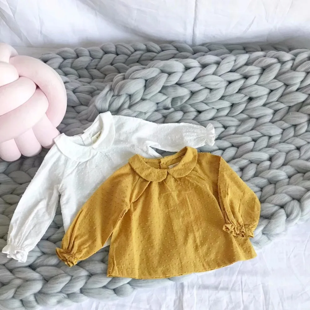 Sweet Girls Long Sleeve Tops Solid White Yellow Peter Pan Collar