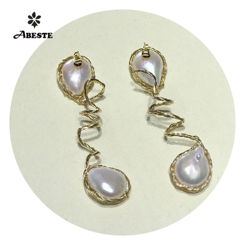 

ANI 14K Roll Gold Handmade Women Drop Earring Natural Freshwater White Pearl Gold Fashion Dangle aros mujer oreja Baroque Shape