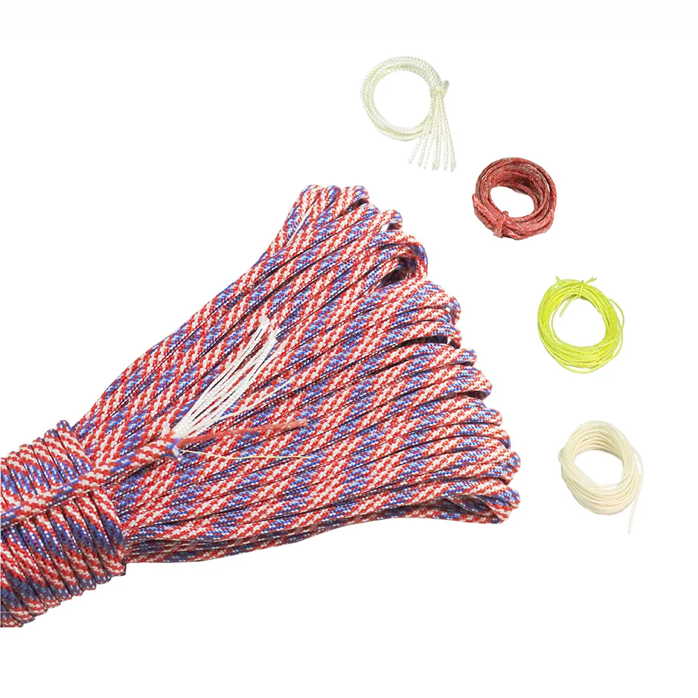 PSKOOK 100 50 20FT Paracord 550 7 + 3 النايلون السواحل EDC النار Paracord الأحمر مصبح الكتان الصيد خط القطن موضوع بقاء الحبال