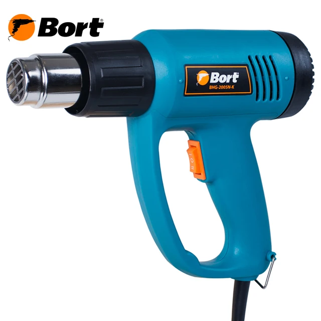 Фен технический Bort BHG-2005N-K (Мощность 2000 Вт, 2 режима работы расход воздуха 300/500 л.мин, температура 350/550 С , кейс с насадками)