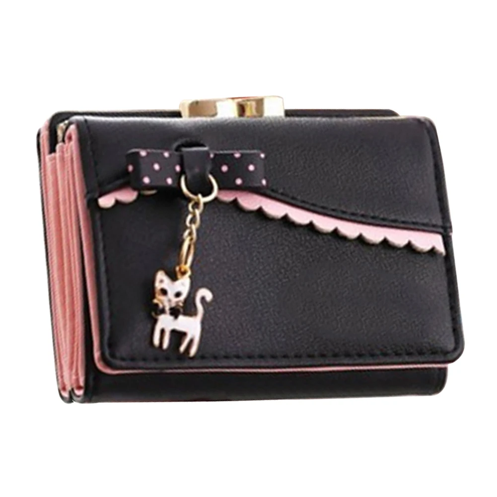 Милый бантик мультфильм кошка кулон тройной складной короткий кошелек портмоне держатель для карт сумка - Цвет: Черный