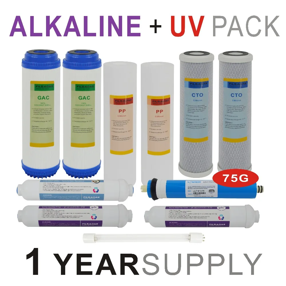 1 Year Supply Alkaline Ultraviolet Reverse Osmosis System Replacement Filter Sets -11 Filters with UV Bulb and 75GPD RO Membrane