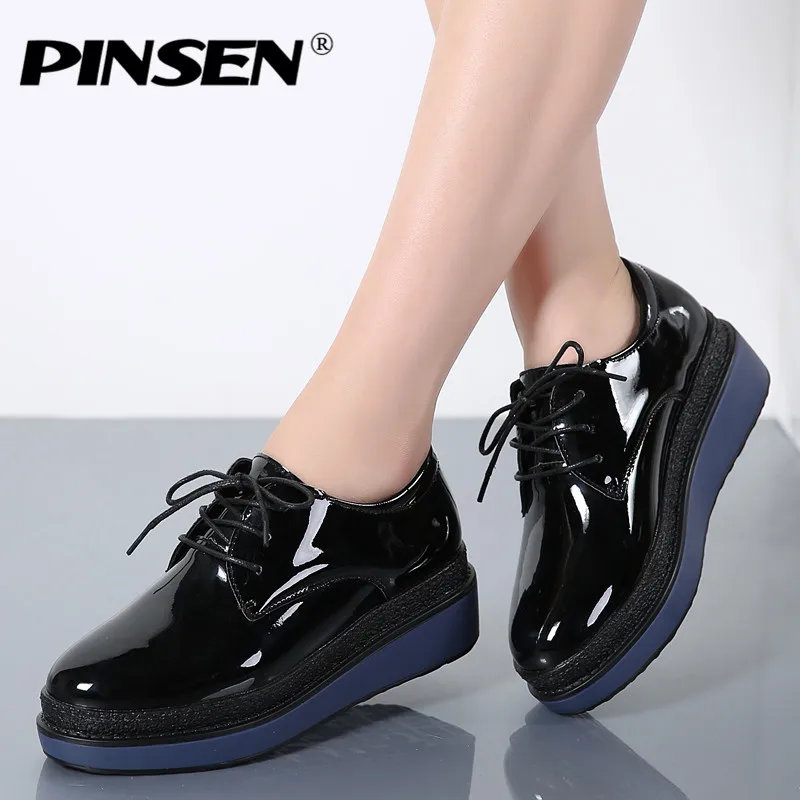 

PINSEN Autumn Fashion Women Sneakers Flat Platform Shoes Brogue Patent Leather Lace Up Flats Shoes Female Casual Creepers Shoes