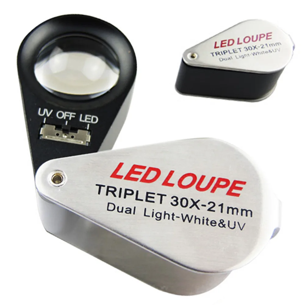 Jeweler Loupe Magnifier Jewelry Tools 30x Magnification Power 21mm Triplet Loupe w/ LED and UV