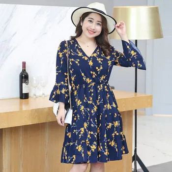 

Free shipping Plus size Chiffon women dress spring Three Quarter basic shirt v neck sexy one-piece sexy dress for 100kg xl-4xl