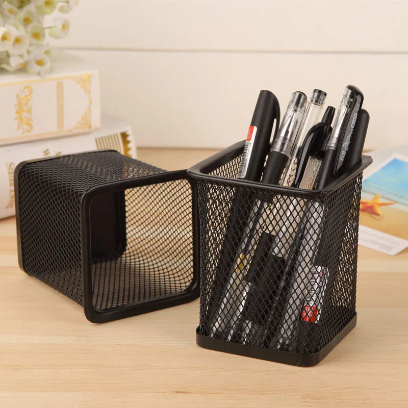 

1pc School Office Organizer Square Cosmetic Black Metal Hollow Stand Ruler Pen Pencil Pot Holder Desk Stationery Container